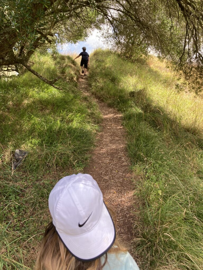 A small picture of a well-worn dirt path going up the side of a volcanic cone. There is a small child at the top of the path and another child at the bottom. 