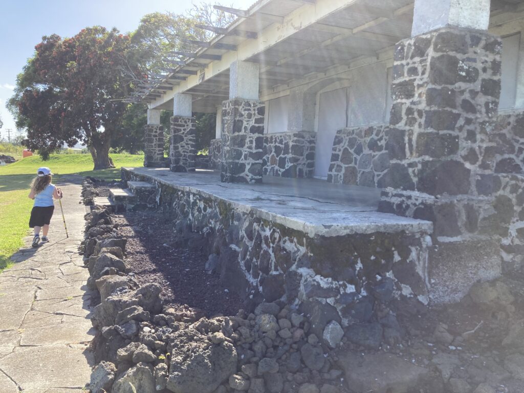A glary picture of an old stone building with wide columns supporting it. A pohutukawa tree is in the background and a small child is walking alongside the building.