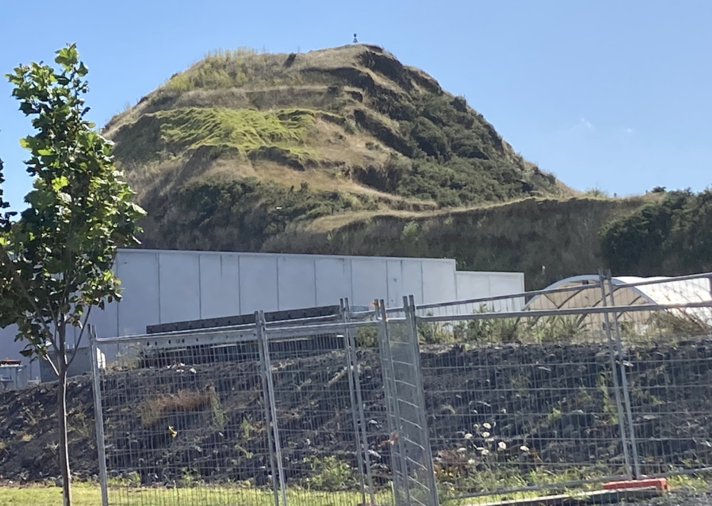 A zoomed-in photo of what's left of McLaughlin's Mountain, with a temporary fence in the foreground and a skinny tree on the left.